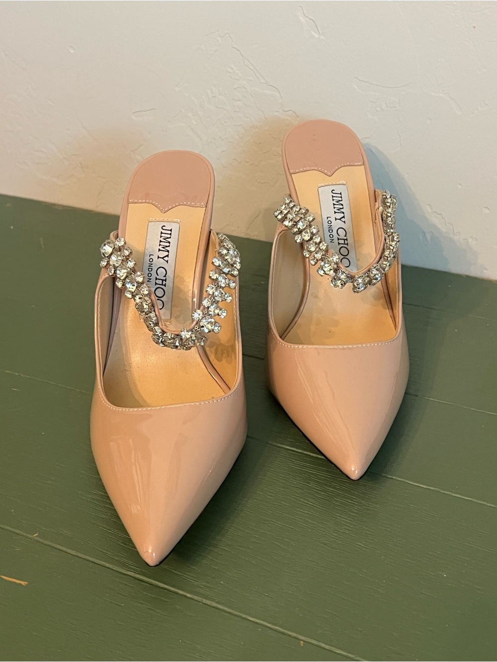 Jimmy Choo Bing Pale Pink 100MM Embellished Patent Leather Mules New